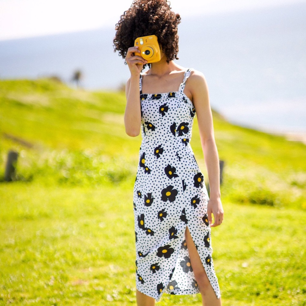 UO Remy Linen Ruffle Square-Neck Midi Dress